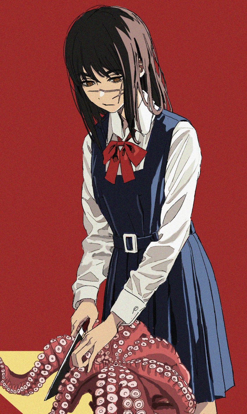 1girl, absurdres, black_dress, bow, bowtie, breasts, brown_hair, chainsaw_man