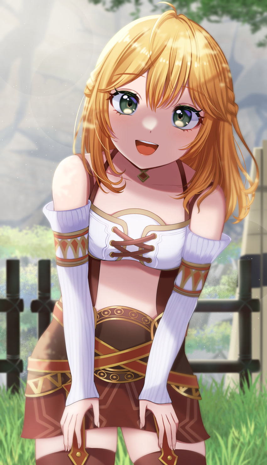 1girl, absurdres, blonde_hair, detached_sleeves, fence, fiora_(xenoblade), grass, green_eyes