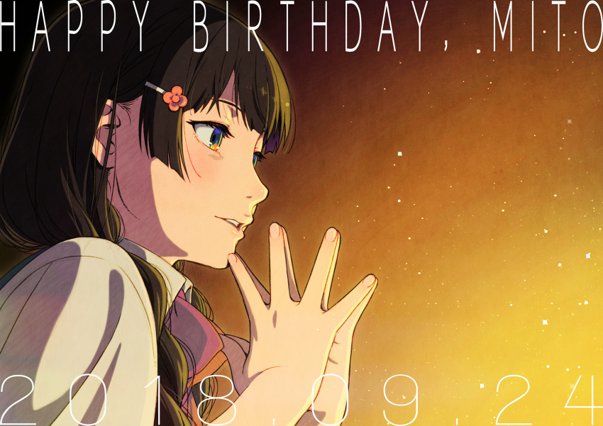 1girl, black_hair, blue_eyes, bow, bowtie, braid, character_name, collared_shirt, commentary_request, dated, eye_reflection, hair_ornament, hair_over_shoulder, hairclip, hands_up, happy_birthday, highres, light_particles, long_hair, looking_ahead, low_twin_braids, nijisanji, own_hands_together, parted_lips, pink_bow, pink_bowtie, reflection, shirt, shiwasu_takashi, sidelighting, solo, steepled_fingers, tsukino_mito, tsukino_mito_(2nd_costume), twin_braids, upper_body, virtual_youtuber, white_shirt