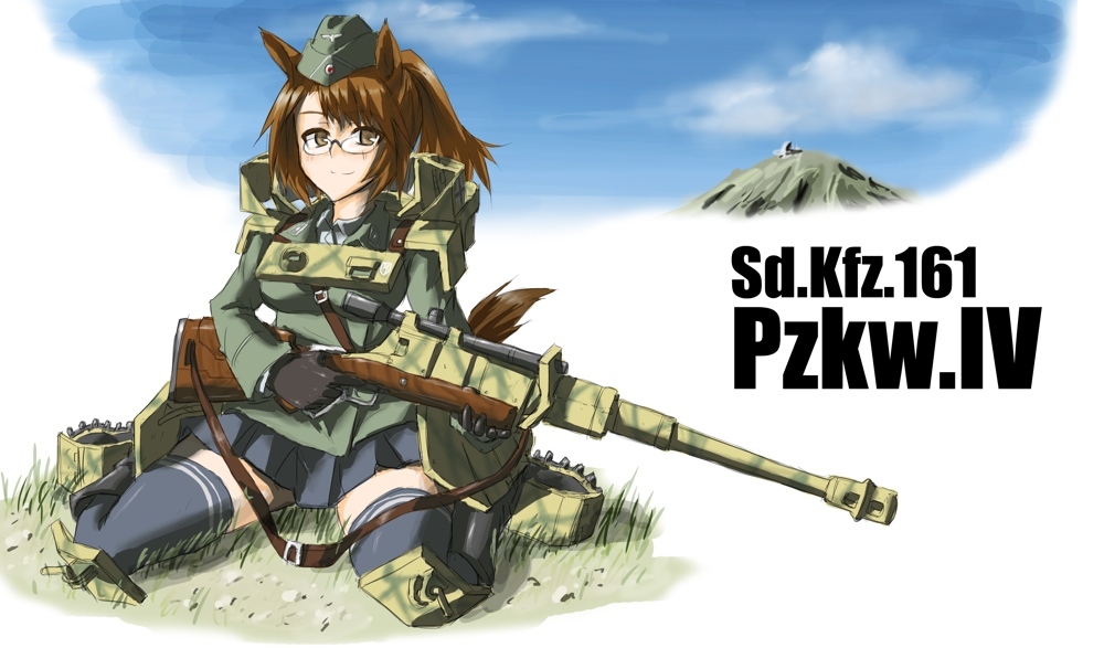 1girl, animal_ears, bad_id, boots, brown_hair, garrison_cap, glasses, gun, hat, mecha_musume, military, military_uniform, military_vehicle, mountain, ogitsune_(ankakecya-han), okitsune_(ankakecya-han), original, panzerkampfwagen_iv, personification, pzkpfw_iv, sitting, smile, solo, tail, tank, thighhighs, uniform, vehicle, weapon, world_war_ii, wwii