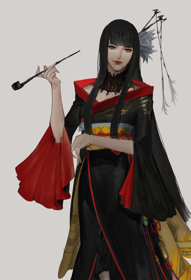 1girl, arm_across_waist, bat_hair_ornament, black_collar, black_hair, black_kimono, blue_eyes, blunt_bangs