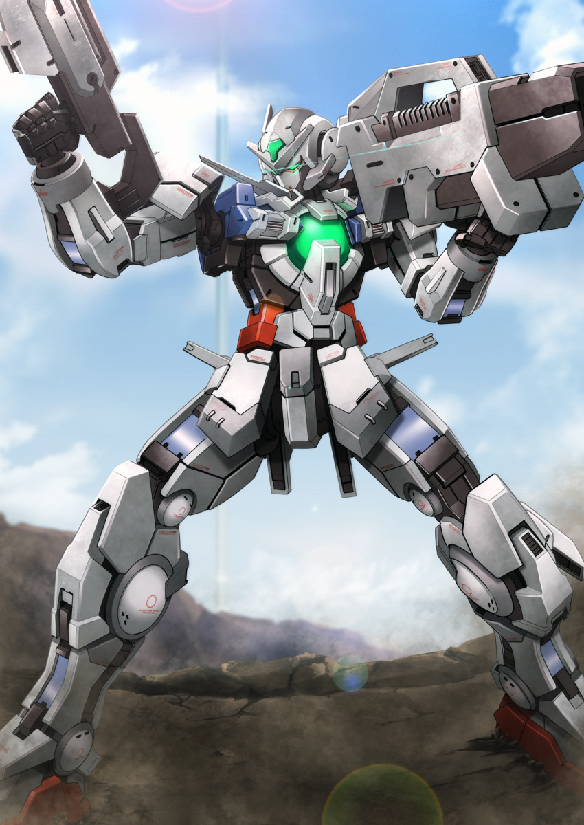 ayato_mabu, bazooka_(gundam), blue_sky, blurry, bokeh, clouds, cloudy_sky, commentary