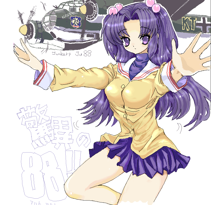 airplane, bomber, clannad, hair_bobbles, hair_ornament, ichinose_kotomi, junkers_ju_88, juuyon