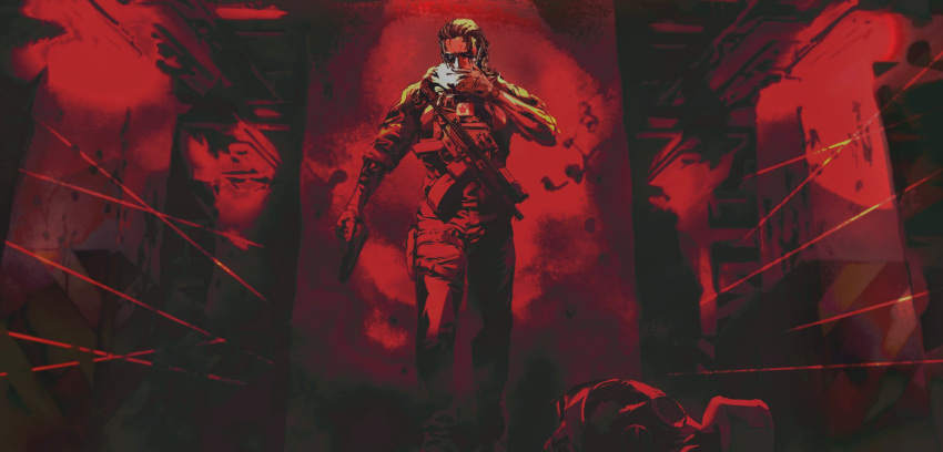 1boy, canadian_flag, cellphone, flip_phone, gas_mask, gloves, gun, handgun