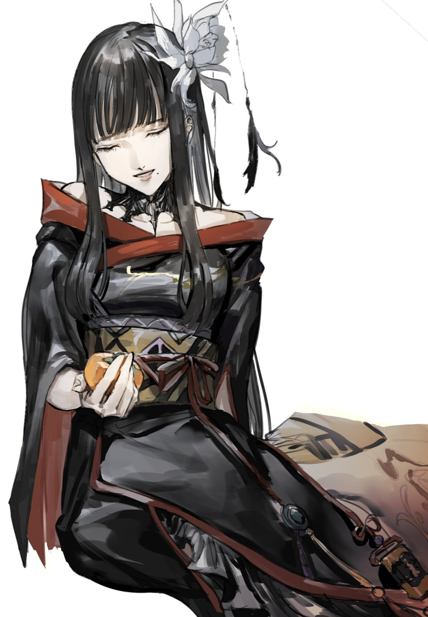 1girl, bad_id, bad_pixiv_id, bare_shoulders, black_collar, black_hair, black_kimono, blunt_bangs
