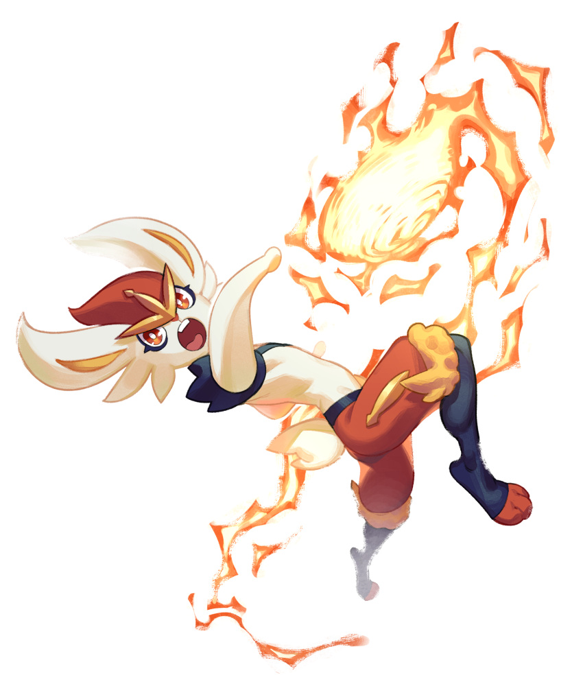 body_fur, buck_teeth, cinderace, commentary, eigaka, fire, full_body, furry