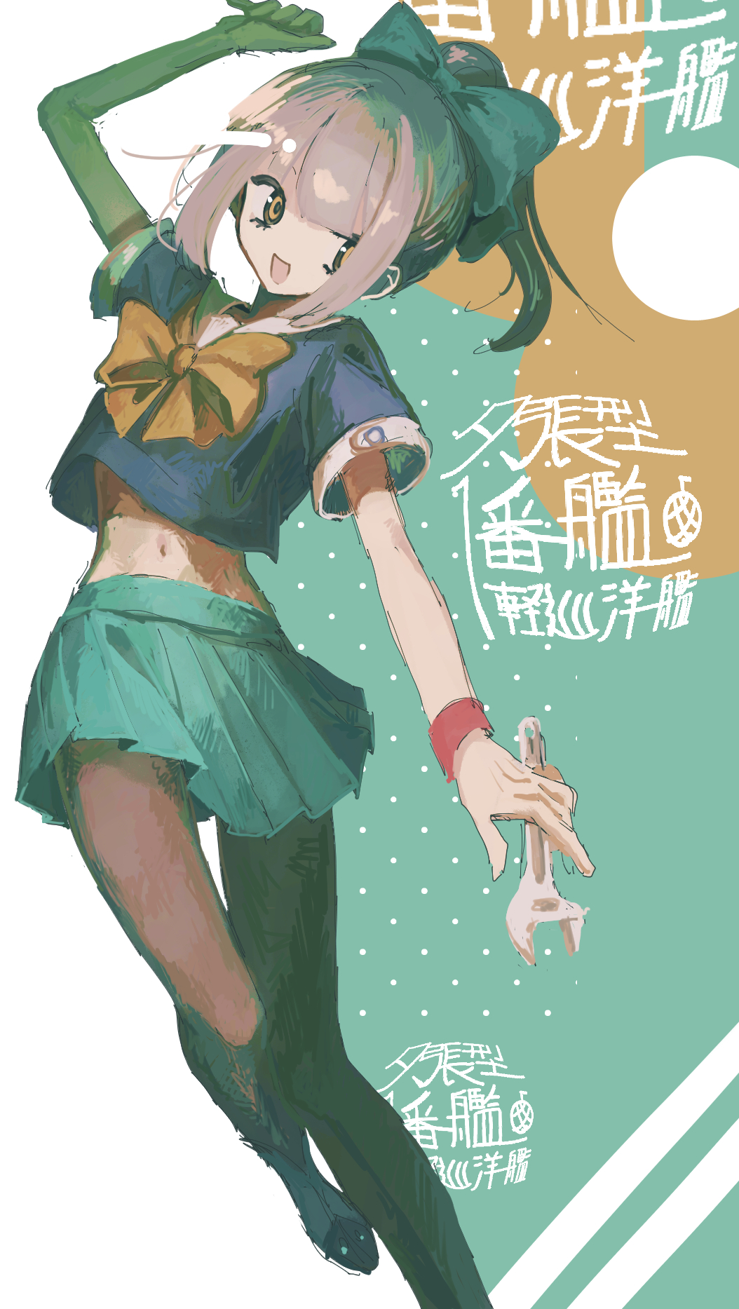 1girl, arm_up, black_pantyhose, blunt_bangs, bow, brown_eyes, crop_top, green_skirt