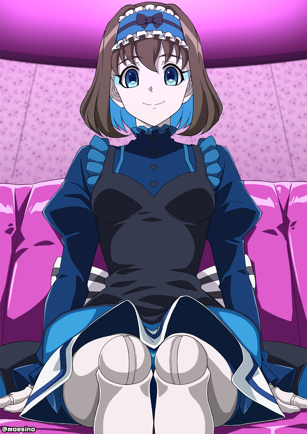 1girl, autoscorer, black_hair, blue_eyes, blue_hair, bow, breasts, colored_inner_hair