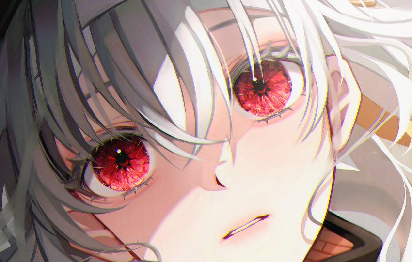 1girl, 58_(opal_00_58), chromatic_aberration, close-up, crossed_bangs, crystal_eye, eyebrows_hidden_by_hair, eyelashes