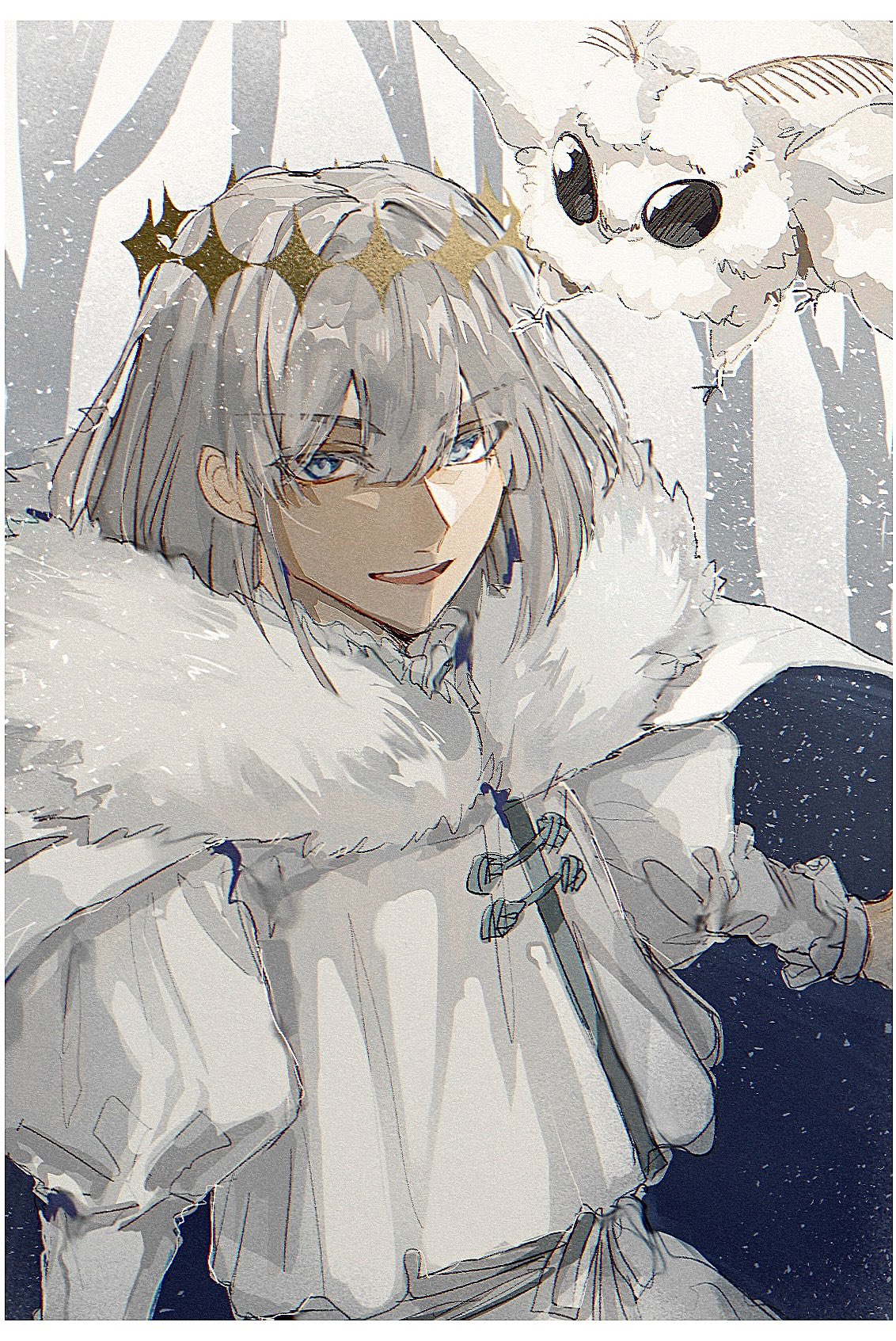 1boy, bare_tree, blanca_(fate), border, bug, cape, diamond_hairband, dress_shirt