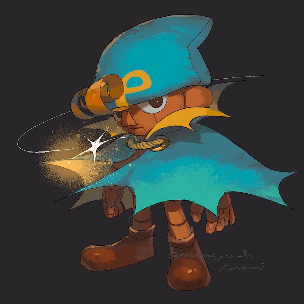 1boy, artist_name, black_background, blue_cape, blue_headwear, brown_eyes, brown_footwear, cape