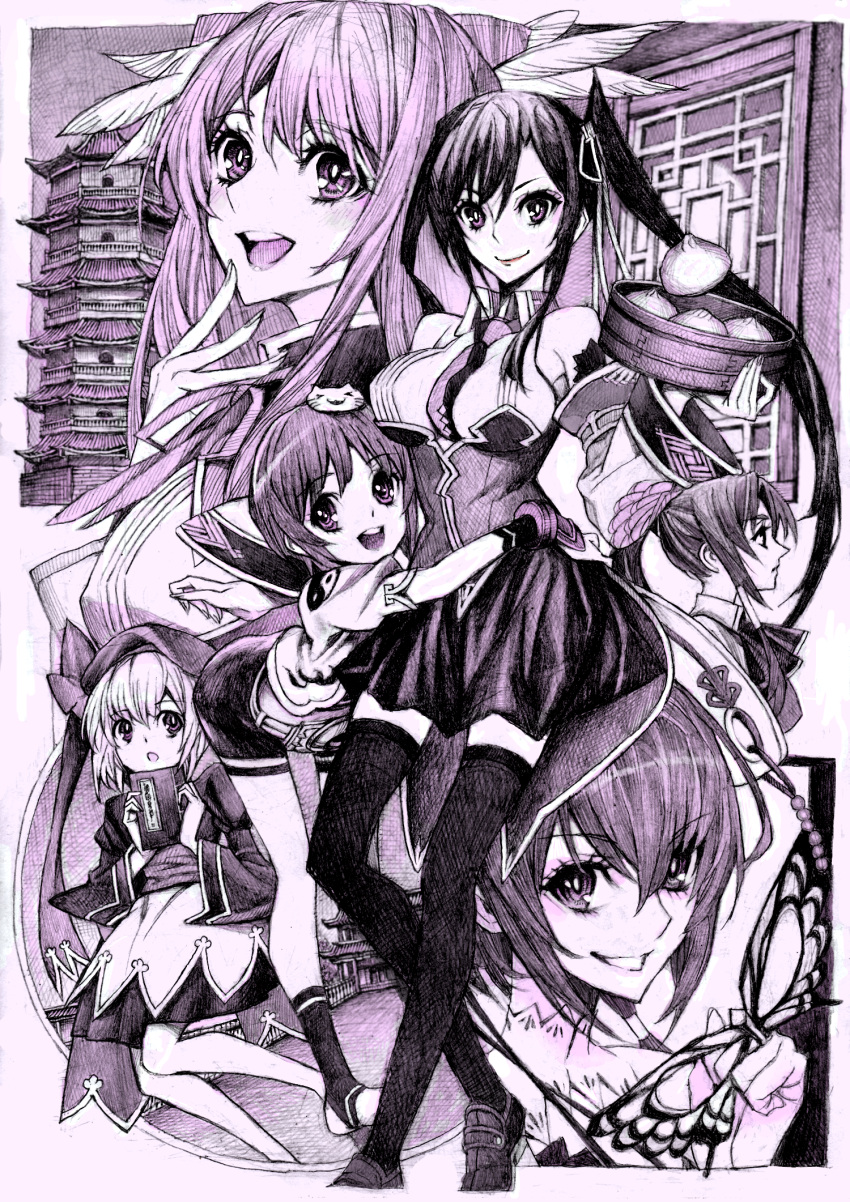 bachou, bad_id, bamboo_steamer, bike_shorts, chouhi, chouun, food, hair_ornament, hat, highres, kan'u, kan'u, koihime_musou, legs, long_hair, monochrome, multiple_girls, nikuman, nobita, open_mouth, pantyhose, ponytail, ryuubi, shokatsuryou, short_hair, smile, thigh-highs, thighhighs, zettai_ryouiki