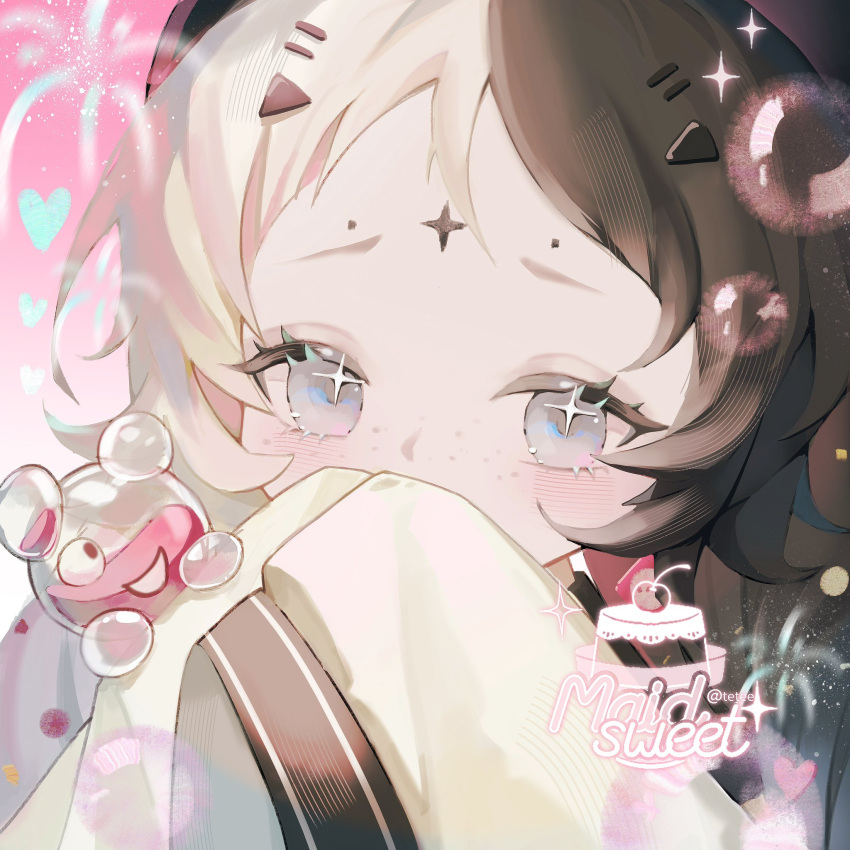 1girl, balloon_animal, balloon_party, black_hair, blush, bubble, cherry, commentary