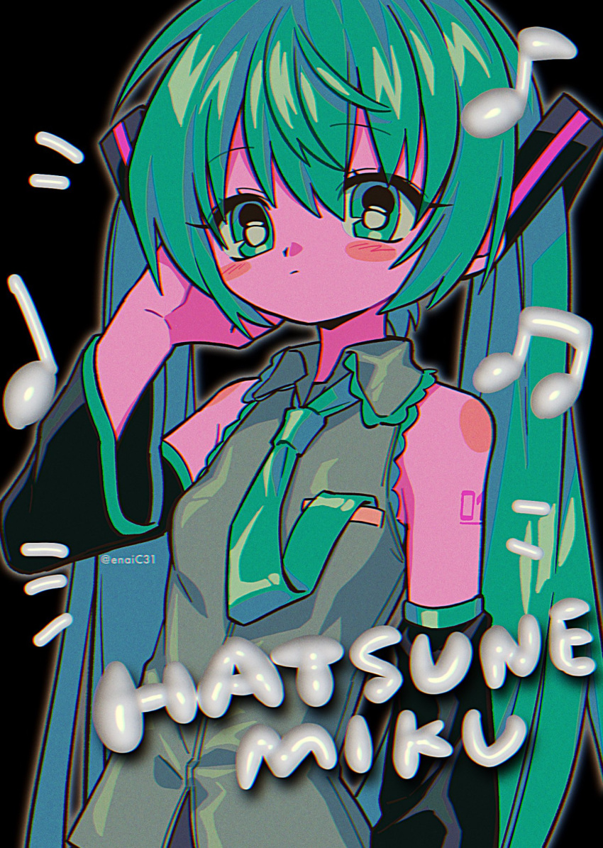 1girl, black_background, blush_stickers, breast_pocket, character_name, closed_mouth, commentary, detached_sleeves