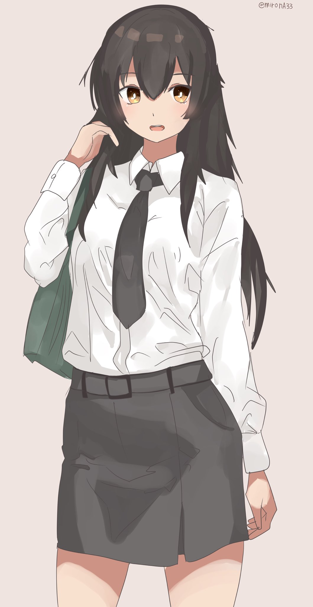 akagi_(kancolle), alternate_costume, bag, black_hair, black_necktie, black_skirt, brown_eyes, collared_shirt