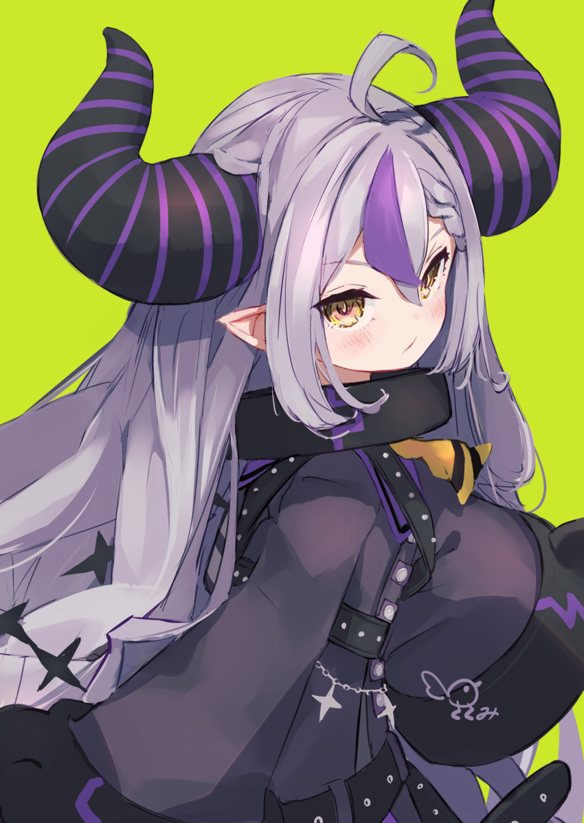 1girl, ahoge, ascot, black_horns, braid, braided_bangs, collar, grey_hair
