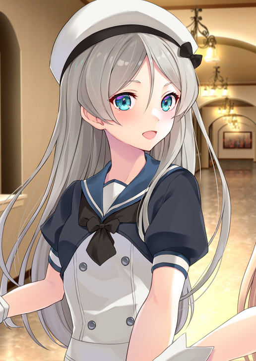 black_jacket, black_neckerchief, blue_eyes, blue_sailor_collar, commission, dress, grey_hair, hair_between_eyes