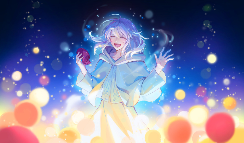 1boy, ^_^, absurdres, antenna_hair, bishounen, blue_background, capelet, closed_eyes