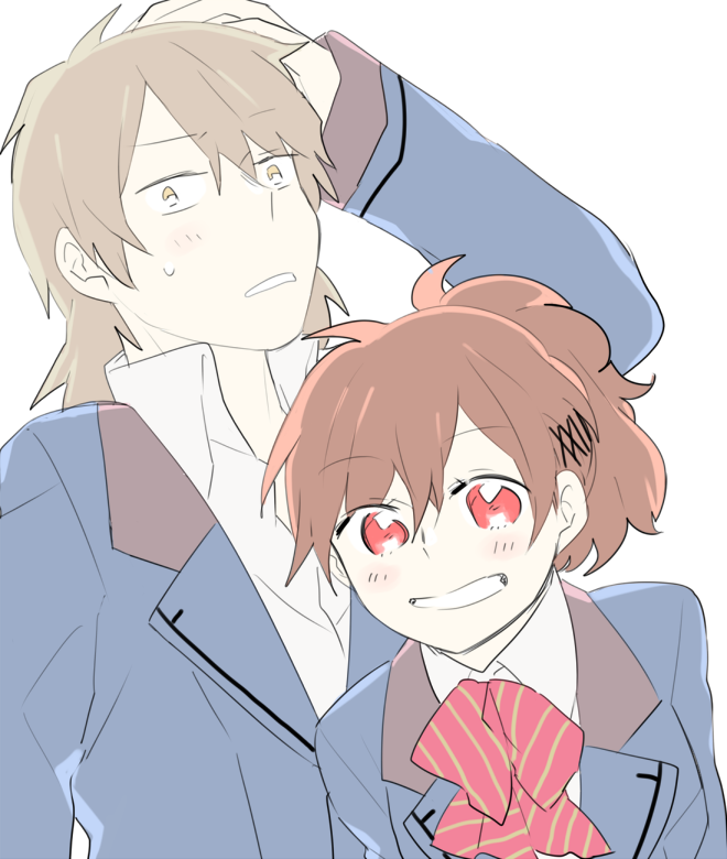 1boy, 1girl, aragaki_shinjirou, blush, brown_eyes, brown_hair, collared_shirt, grin