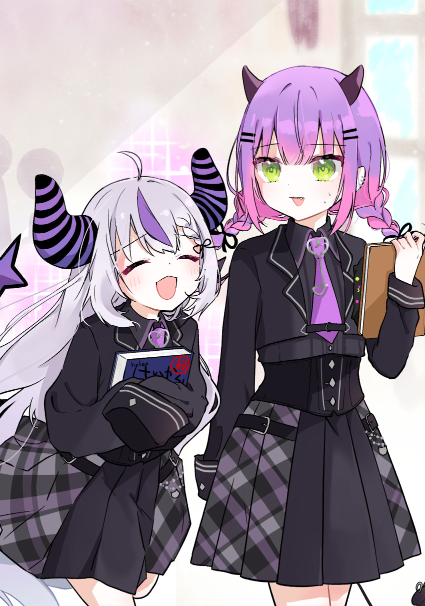 2girls, ahoge, black_horns, black_shirt, braid, braided_bangs, closed_eyes, cosplay