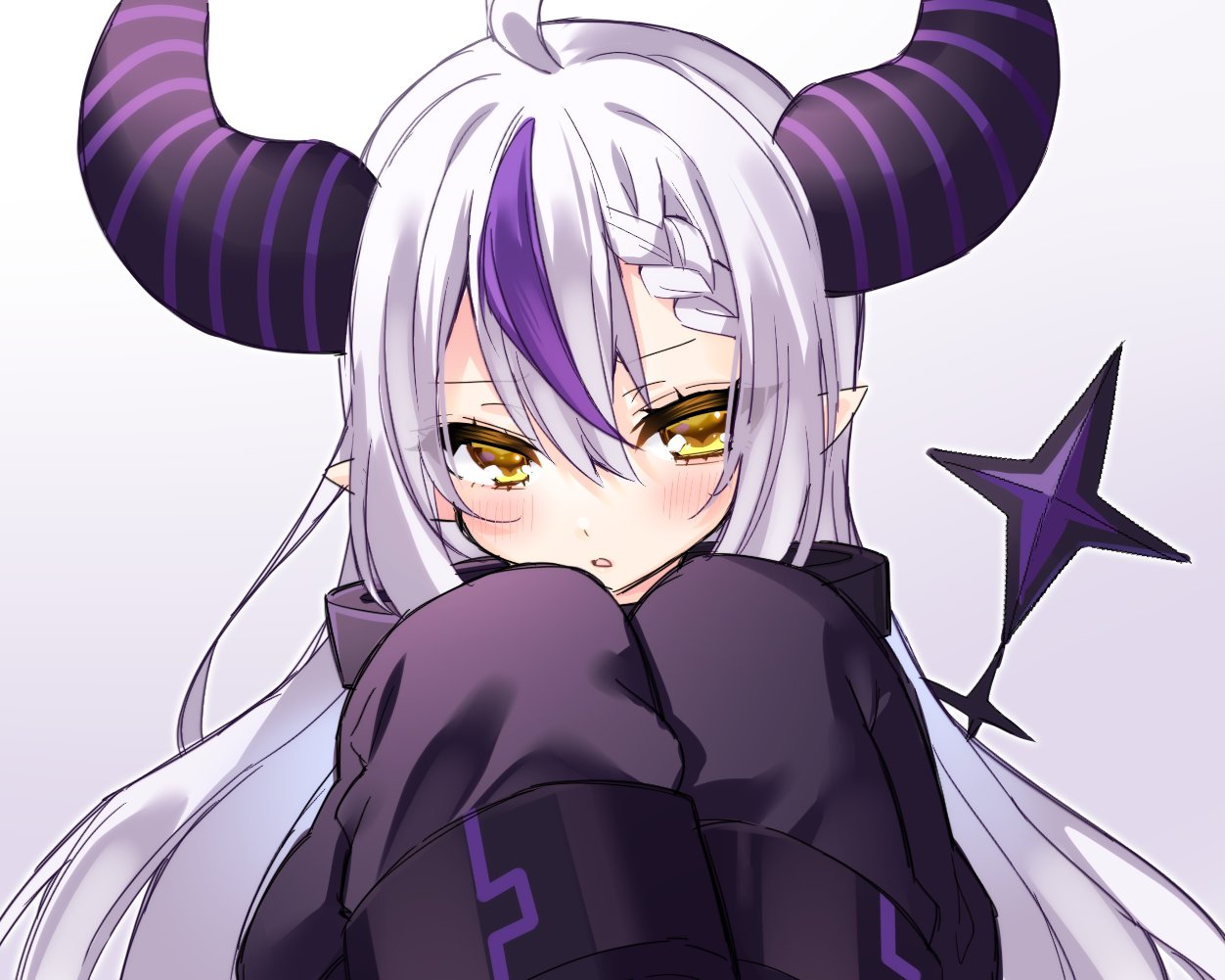 1girl, ahoge, ascot, black_horns, blush, braid, braided_bangs, grey_hair