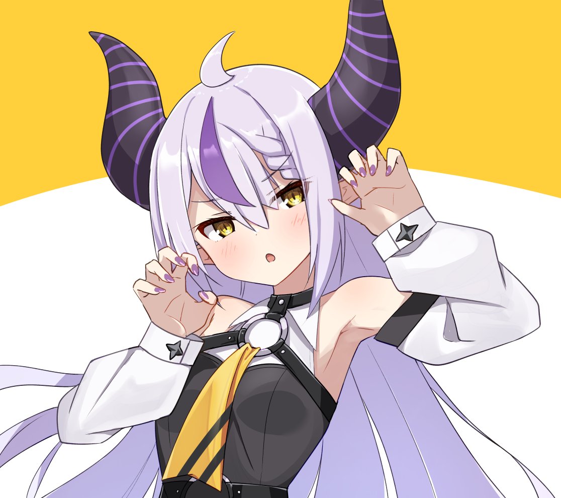 1girl, ahoge, ascot, bare_shoulders, black_horns, braid, braided_bangs, grey_hair