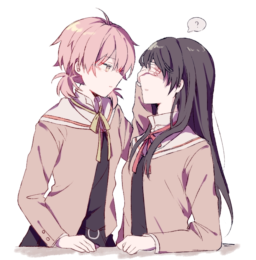 2girls, ?, ahoge, black_hair, covering_another's_eyes, cropped_jacket, dress, imminent_kiss