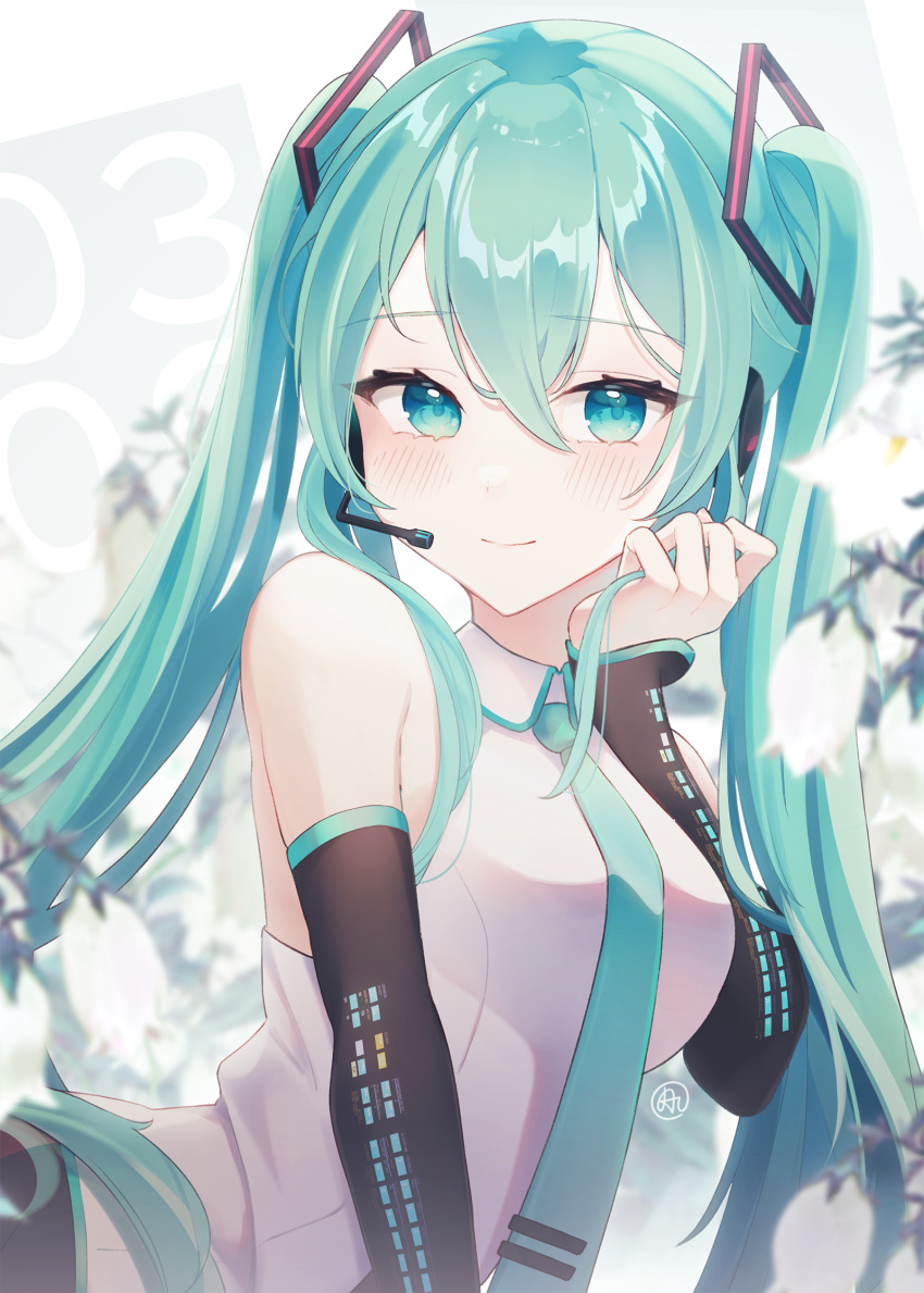 1girl, aftergardens, black_skirt, blue_eyes, blue_hair, blush, breasts, detached_sleeves