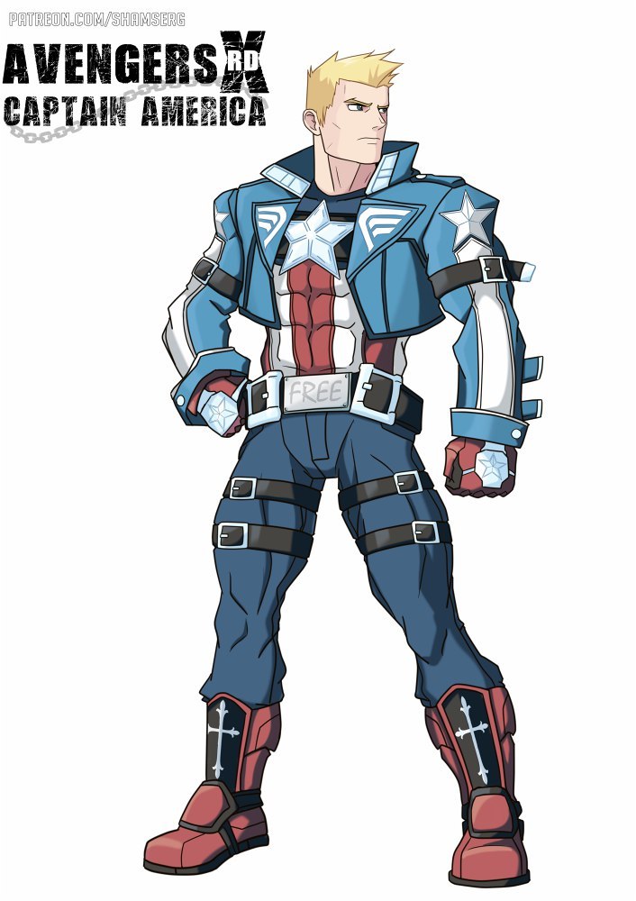 1boy, abs, animification, arm_belt, artist_name, avengers_(series), belt, blonde_hair