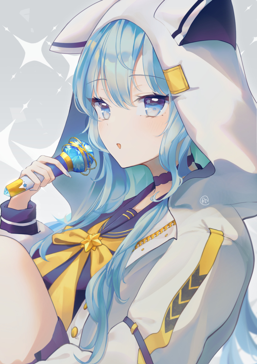 1girl, aftergardens, blue_eyes, blue_hair, blue_nails, bow, detached_collar, highres