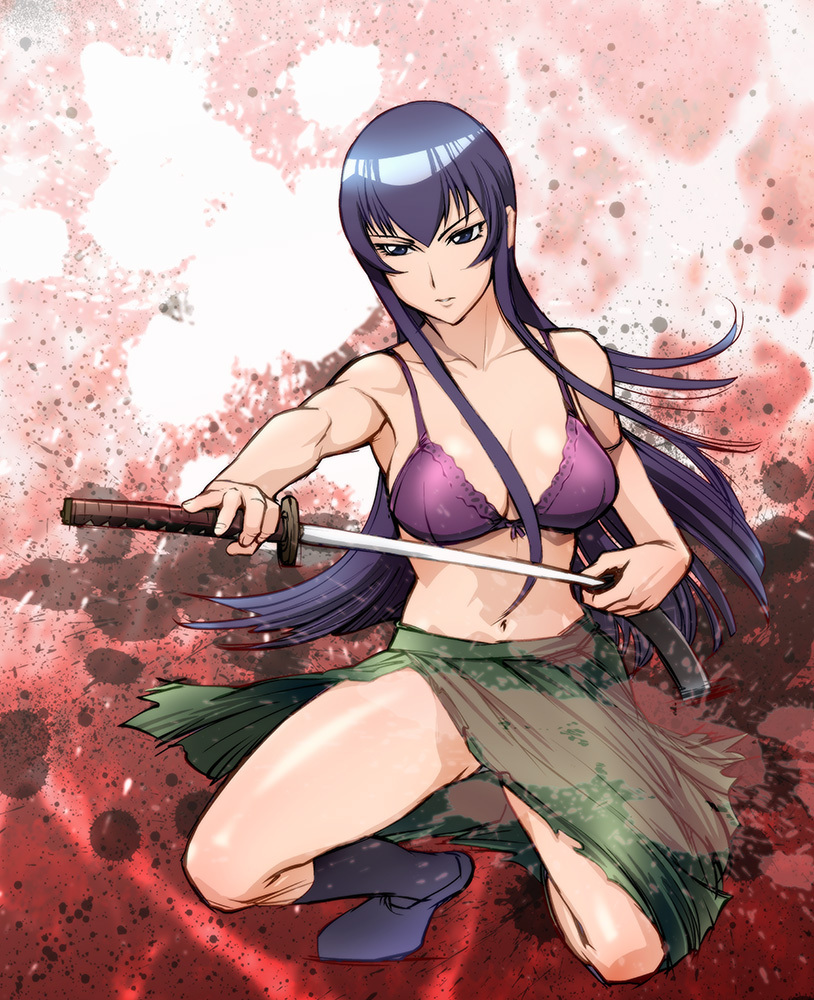 bra, breasts, busujima_saeko, cleavage, highschool_of_the_dead, katana, lingerie, long_hair