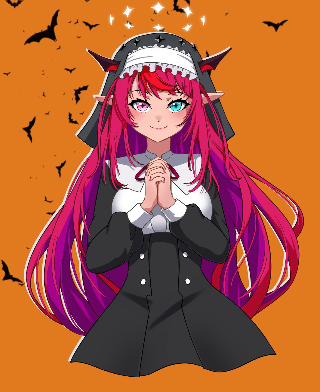 1girl, black_dress, black_headwear, blue_eyes, dress, habit, halo, heterochromia