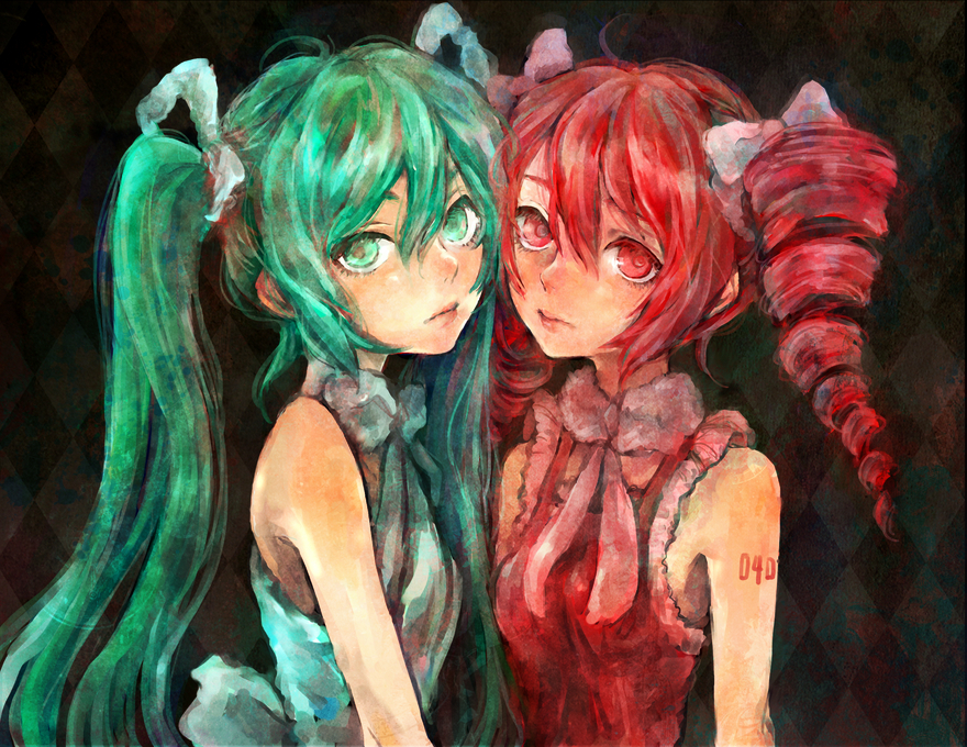bowtie, drill_hair, green_eyes, green_hair, hair_bow, hatsune_miku, kasane_teto, kedama_black, red_eyes, red_hair, redhead, twin_drills, twintails, utau, vocaloid