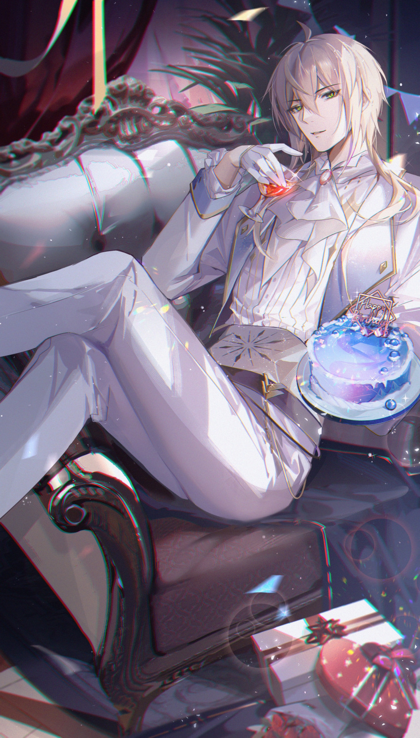 1boy, absurdres, ahoge, armchair, ascot, birthday_cake, blonde_hair, bouquet, box, brooch, cake, chair, confetti, cropped_jacket, crossed_legs, cummerbund, cup, curtains, dress_shirt, drink, drinking_glass, feet_out_of_frame, flower, food, for_all_time, frilled_sleeves, frills, gift, gift_box, gloves, gold_trim, green_eyes, hair_between_eyes, half_gloves, happy_birthday, heart-shaped_box, highres, holding, holding_cup, holding_plate, indoors, jewelry, jiuchuansi, lapels, long_sleeves, looking_at_viewer, luchen, male_focus, medium_hair, pants, parted_lips, pinstripe_pattern, pinstripe_shirt, plant, plate, reclining, red_flower, red_rose, rose, rug, shirt, sitting_sideways, sleeve_cuffs, solo, string_of_flags, striped, suit, white_ascot, white_gloves, white_pants, white_shirt, white_suit