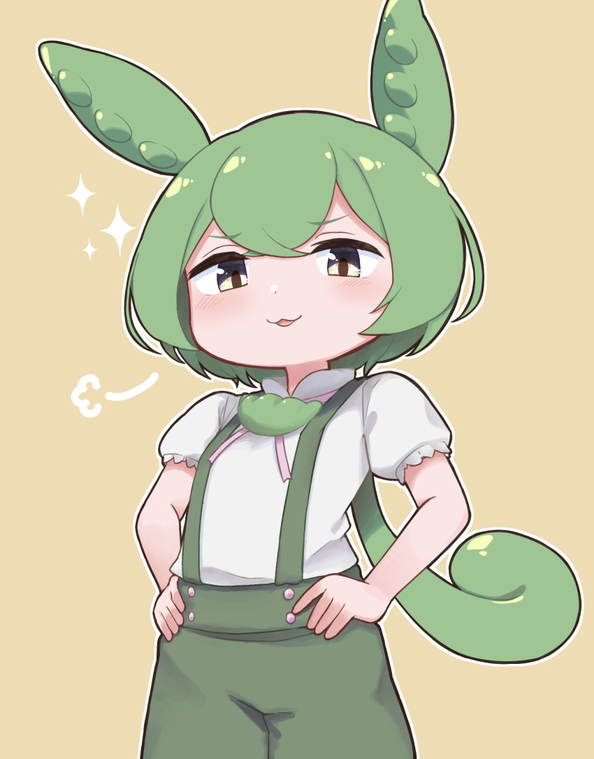 :3, =3, absurdres, animal_ears, breasts, brown_background, collared_shirt, commentary