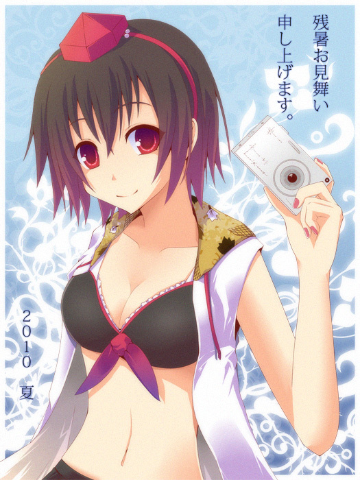 black_bikini, black_hair, breasts, camera, cleavage, hat, koumei_(artist), midriff