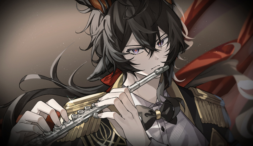 1boy, animal_ears, arknights, black_bow, black_bowtie, black_hair, bow, bowtie, chjjlold, closed_mouth, crossed_bangs, ebenholz_(arknights), ebenholz_(eine_variation)_(arknights), epaulettes, flute, frown, goat_boy, goat_ears, goat_horns, hair_between_eyes, hair_ribbon, highres, horns, instrument, long_hair, looking_at_viewer, low_ponytail, male_focus, playing_flute, ponytail, portrait, red_ribbon, ribbon, solo