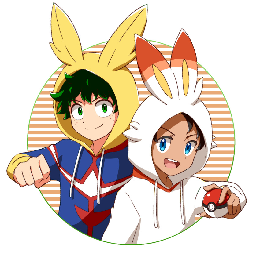 2boys, :d, alternate_costume, black_hair, blue_eyes, boku_no_hero_academia, border, clenched_hand