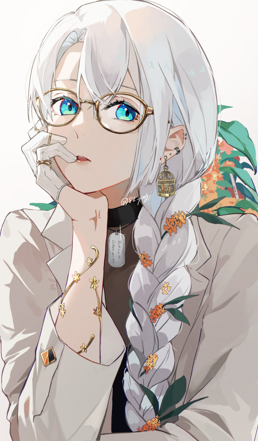 1girl, absurdres, armlet, birdcage, black_shirt, blue_eyes, bow, bowtie