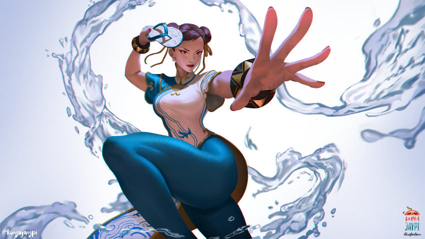absurdres, bracelet, chun-li, double_bun, eyeshadow, fighting_stance, hair_bun, highres
