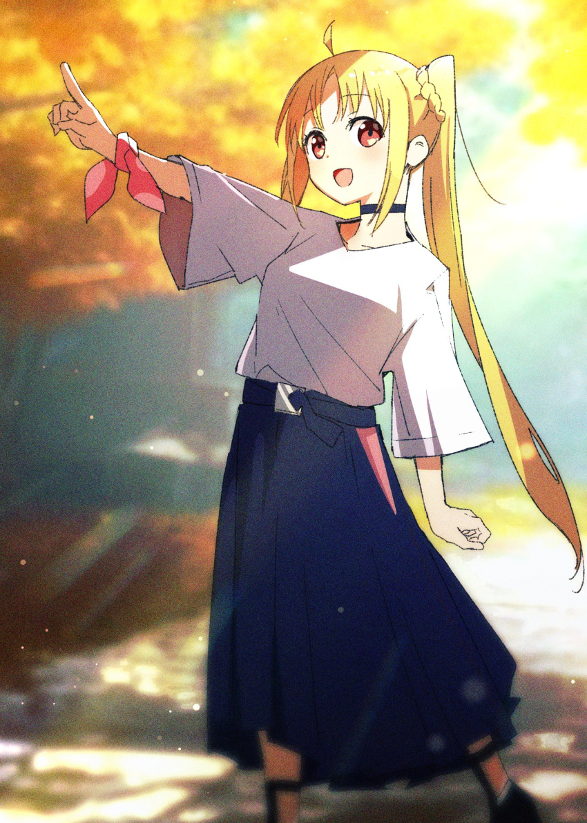 1girl, ahoge, arm_up, autumn, autumn_leaves, blonde_hair, blue_skirt, bocchi_the_rock!