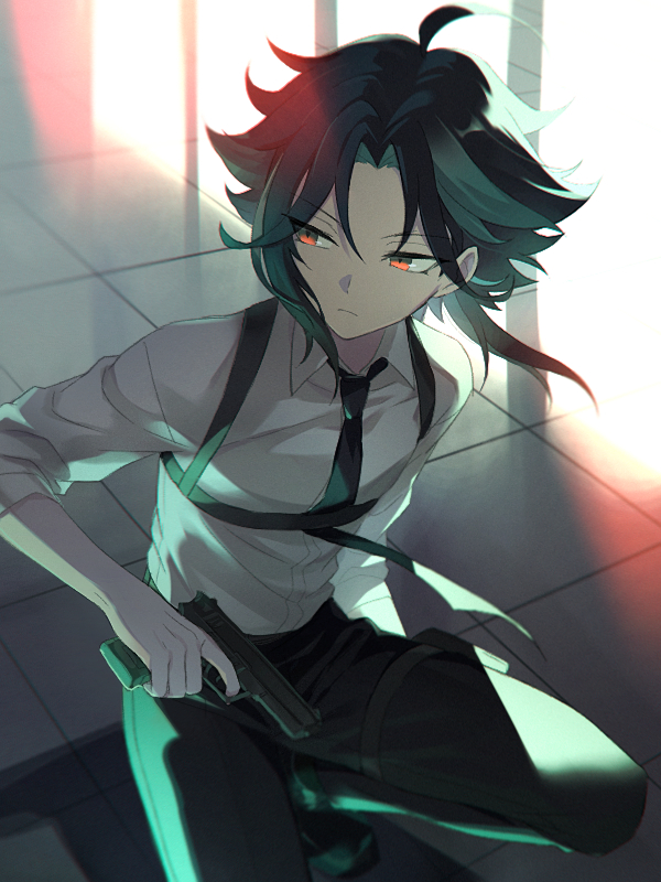 1boy, alternate_costume, black_hair, black_necktie, black_pants, closed_mouth, genshin_impact, green_hair