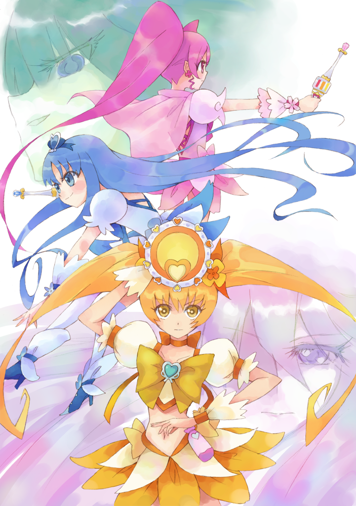 blonde_hair, blue_eyes, blue_hair, boots, cure_blossom, cure_marine, cure_moonlight, cure_sunshine