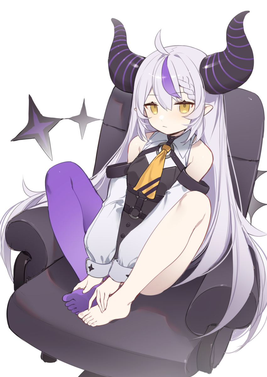 1girl, absurdres, ahoge, ascot, bare_shoulders, barefoot, between_legs, black_horns