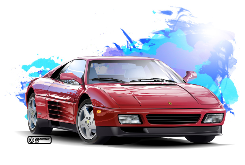 2023, artist_name, car, commentary_request, ferrari, ferrari_348_tb, headlight, highres, motor_vehicle, multicolored_background, nimbus_goldbrum, no_humans, original, realistic, rear-view_mirror, red_car, shadow, side-view_mirror, vehicle_focus