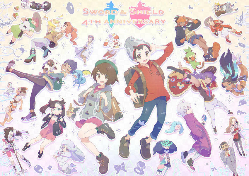 6+boys, 6+girls, :d, absurdres, ahoge, allister_(pokemon), anniversary, applin