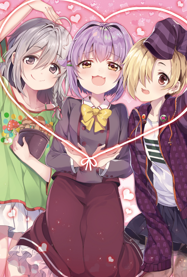 3girls, ahoge, asymmetrical_bangs, blonde_hair, blush, bow, bowtie, chocho_(homelessfox)
