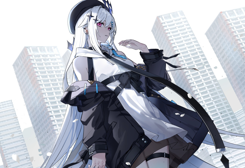 1girl, beret, black_headwear, black_jacket, black_necktie, braid, breasts, building