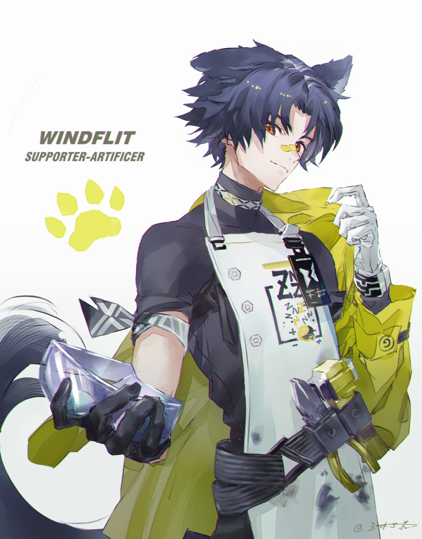 1boy, absurdres, animal_ears, apron, arknights, armband, artist_name, asymmetrical_gloves