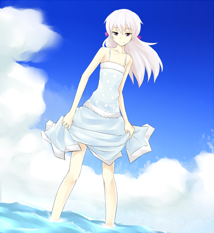 cloud, clouds, darker_than_black, dress, dress_lift, hair_ribbon, keikotsu, polka_dot
